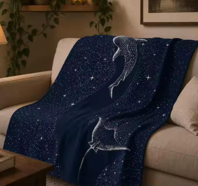 Blue Plush Blanket Throw Celestial Whale Starry Night Cosmic Ocean Constellation Sofa, Bedroom Blanket, Home Decoration
