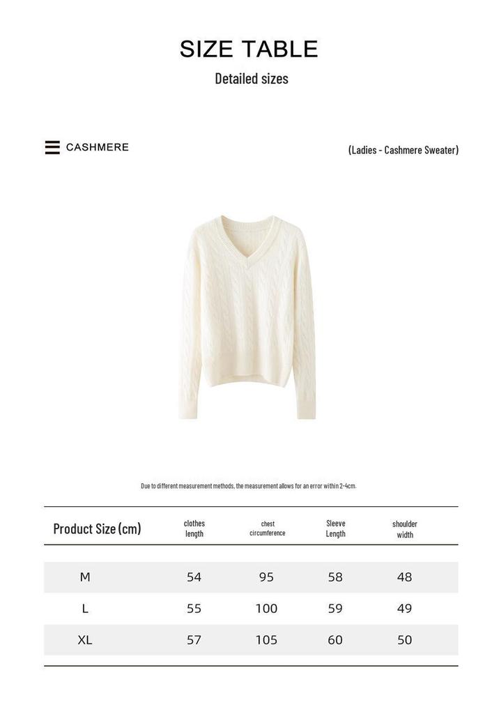 Korean Style V-neck Cable Knit Cashmere Sweater - Retro Autumn/Winter Women's Pullover in Solid Color.