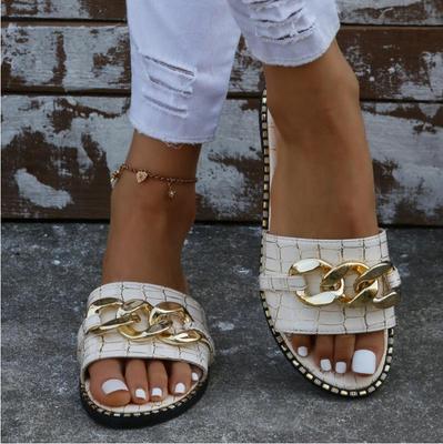 Модные сексуальные цепочные замки, однотонные, большого размера, 2024, летние, новые, стильные, римские, плоские, женские тапочки, женские сандалии