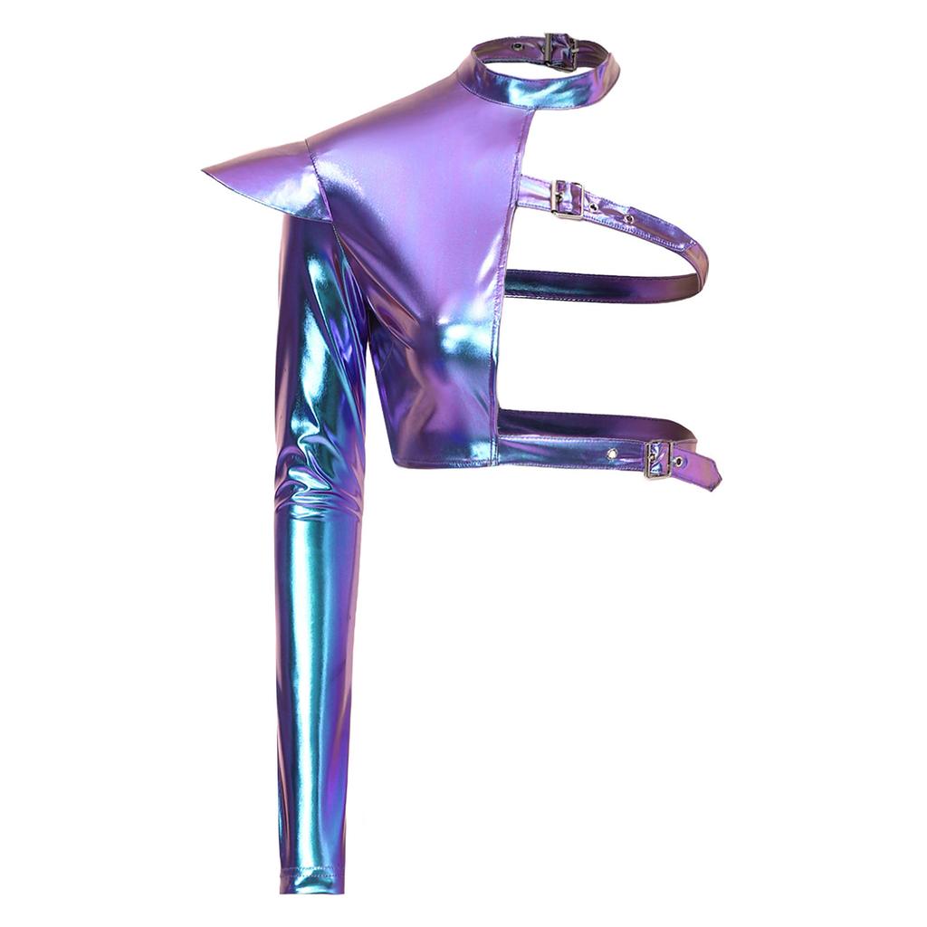 Men Shiny Metallic Asymmetrical Crop Top One Shoulder Long Sleeve Structured Epaulet Adjustable Buckles for Rave Club Stage