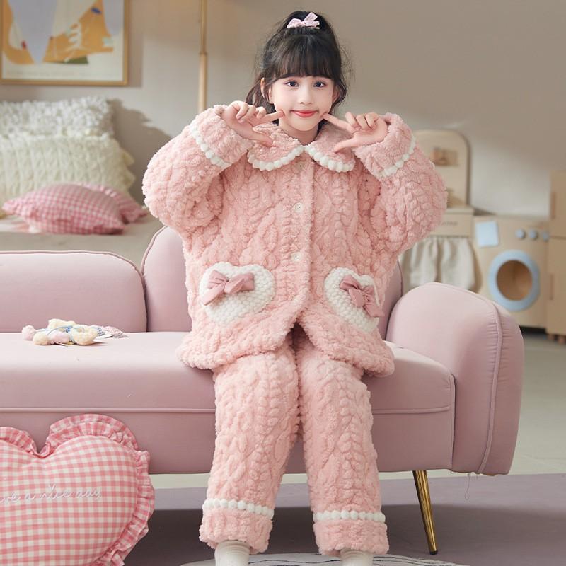 Girls Winter Warm Coral Fleece Pajamas Set Thick Quilted Flannel Sleepwear Kids 8-16 Years