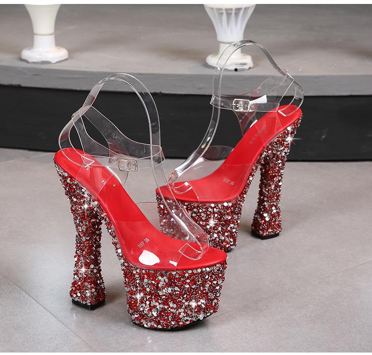 Летние босоножки с открытым носком на каблуке 17,5 см и платформе со стразами для ночного клуба, женские сандалии на платформе 7,5 см.