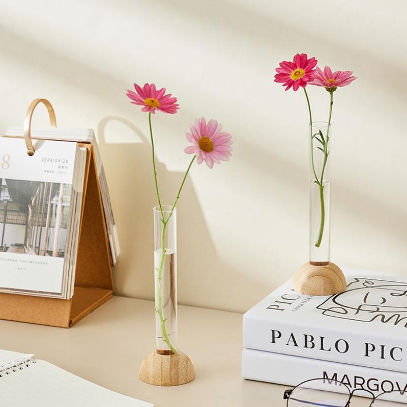 1Pc Bamboo Base Plastic Tube Hydroponic Small Vase Flower Arrangement, for Home Decoration Ornaments Living Room Dining Table Study Office Ornaments