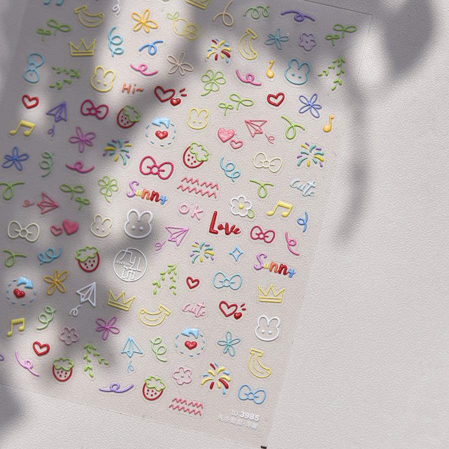 1pcs Cute Graffiti Lines Nail Art Stickers 5D Embossed Butterfly Rabbit Nail Art Accessory Stickers Self Adhesive Decal