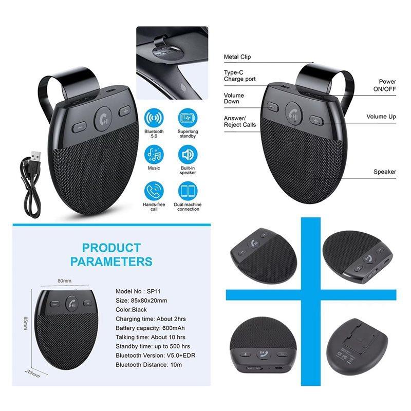 Car Speakerphone Bluetooth 5.0 Kit-Wireless Handsfree Sun Visor Music Player With Mic, Noise Reduction