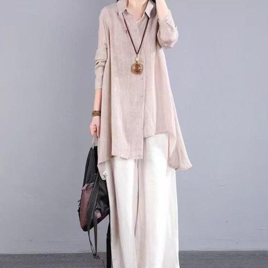 Women Shirt Lapel Long Sleeve Single Breasted Shirt Tops Irregular Hem Solid Color Mid-length Leisure Shirt