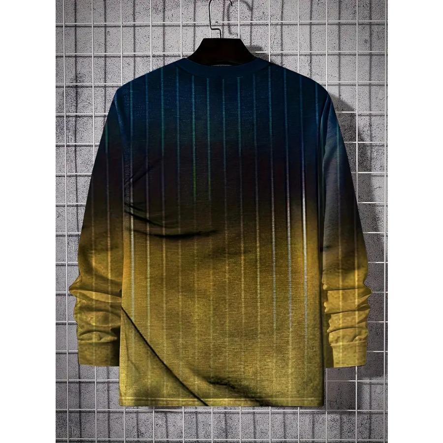Gradient Color Stripe Long Sleeve Novelty Crew Neck T-Shirt Soft Slight Stretch Polyester Contrast Collar All Over Print Design