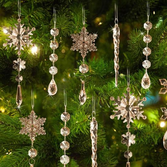 18 Pcs Crystal Christmas Ornaments for Tree Clear Acrylic Snowflake Icicle Hanging Ornaments with Drop Pendants Winter Wonderland