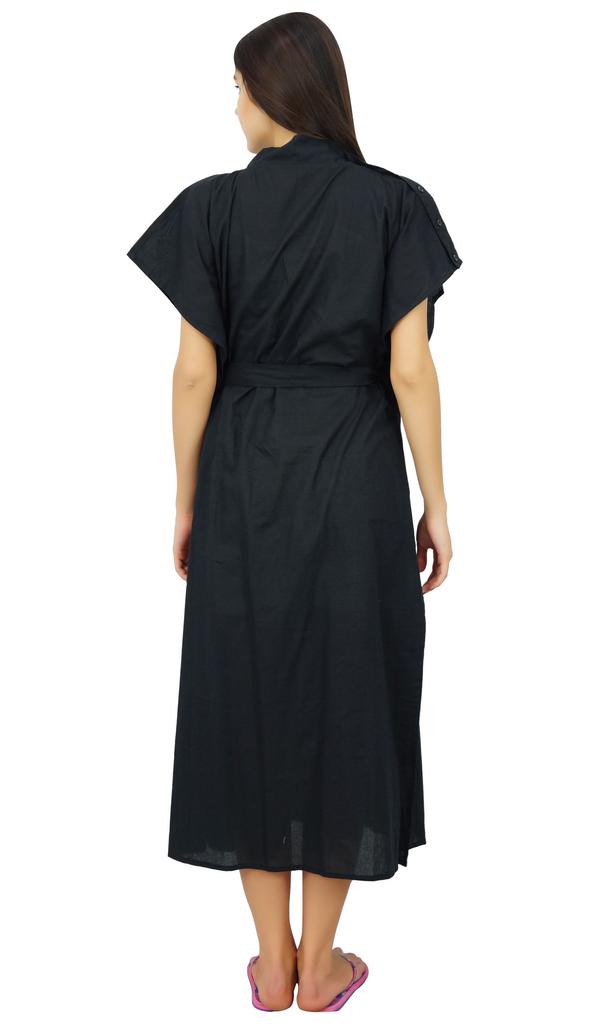 Bimba Nursing Black Cotton Kaftan With Belt Front Buttons Maternity Night