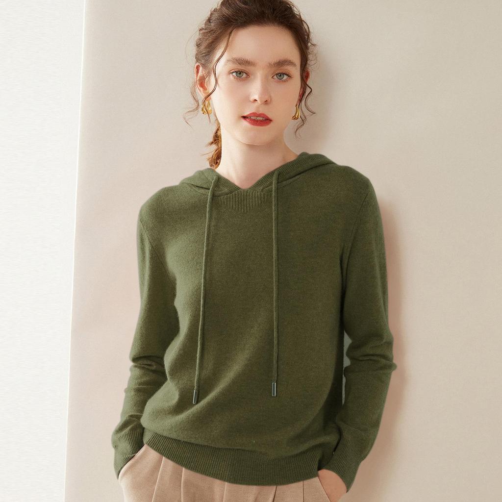 Women's Hooded Cashmere Sweater: Warm, Windproof, Long-Sleeved Pullover with Solid Color for Autumn and Winter.