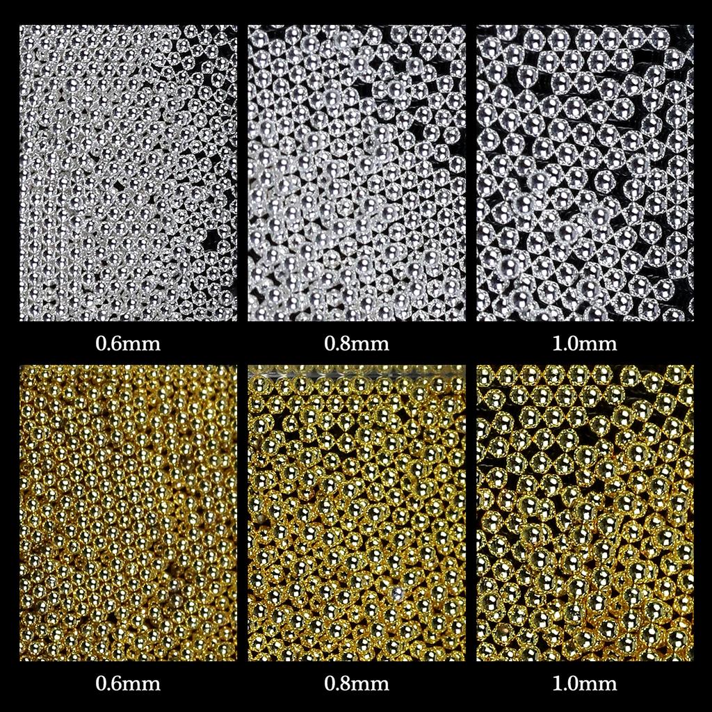 6Gird Mini Stainless Steel Caviar Beads 0.6/0.8/1mm Nail Art Mixed Size Alloy Gold/Silver Bead Nail Charms Manicure Micro Ball