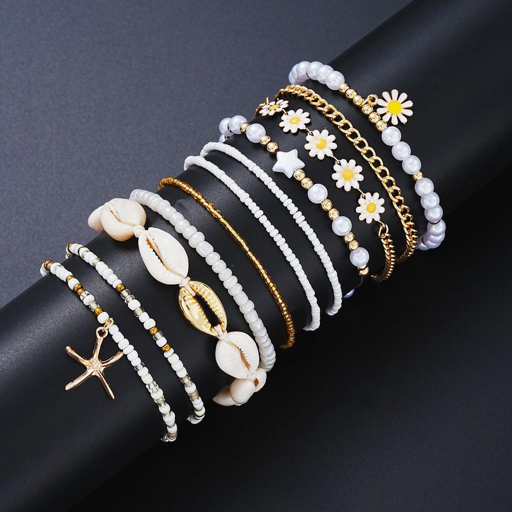 17KM Fashion Minimalist Bohemian Rice Bead Shell Starfish Multi-layered Anklet Necklace Star Daisy Bracelet Jewelry Set for Women