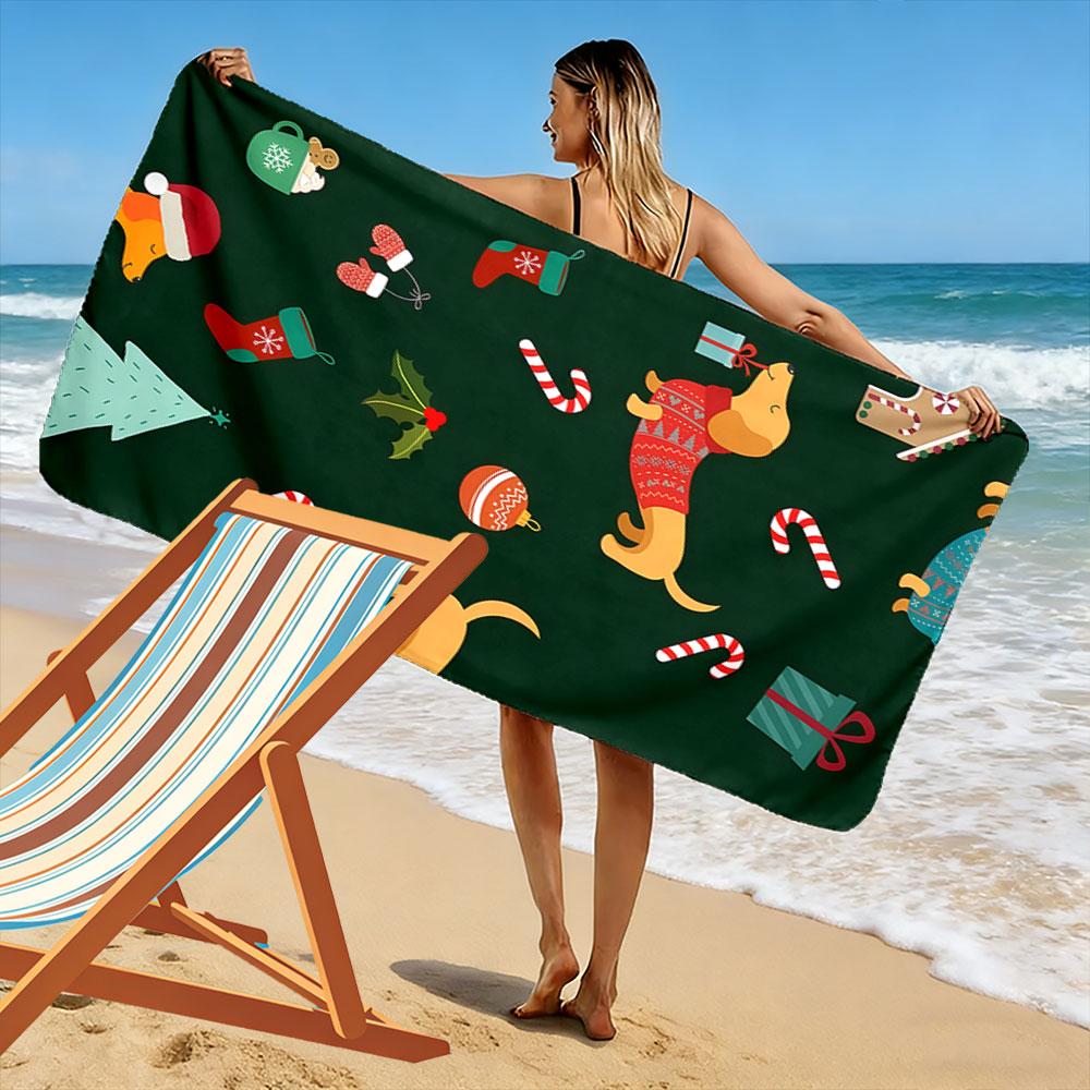 Festive dachshund holiday cheer Print beach towel, quick drying, suitable for travel, outdoor sports, jogging, the beach and swimming, gift