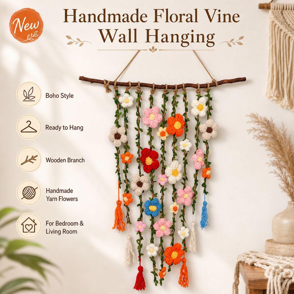 Wooden Branch Crochet Wall Hanging Yarn Floral Tapestry Macrame Wall Hanging Living Room Decor
