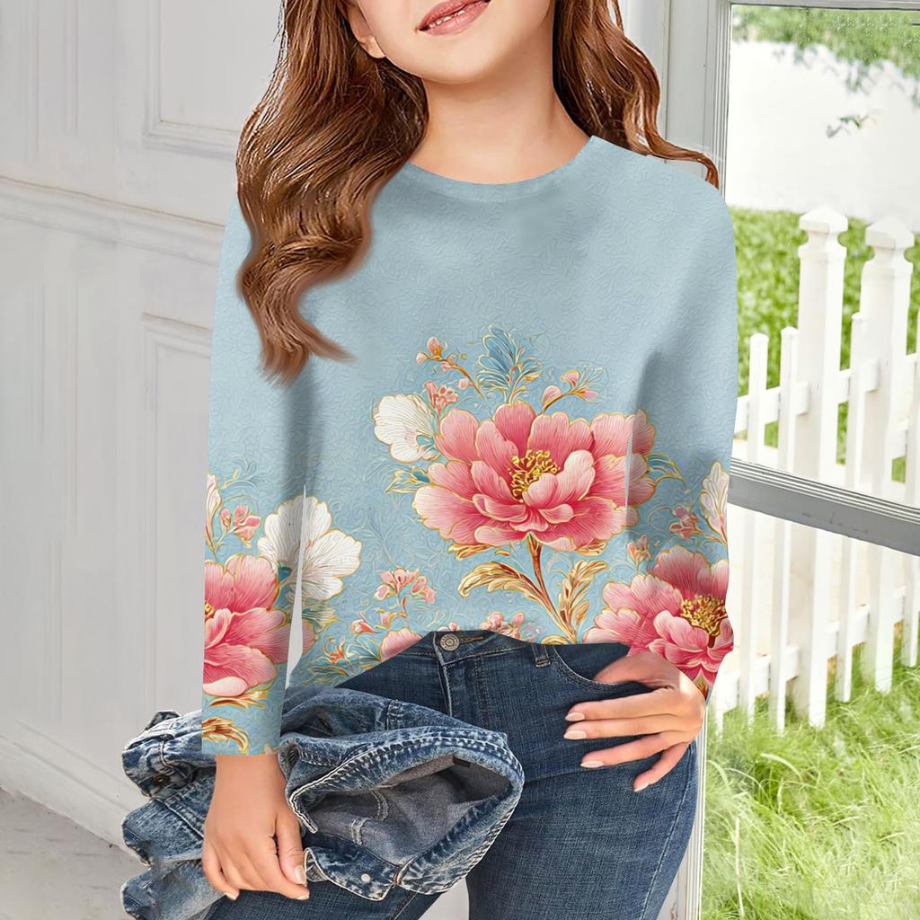 Футболки с длинным рукавом для девочек, детские осенние топы, с круглым вырезом, с принтом, базовые футболки