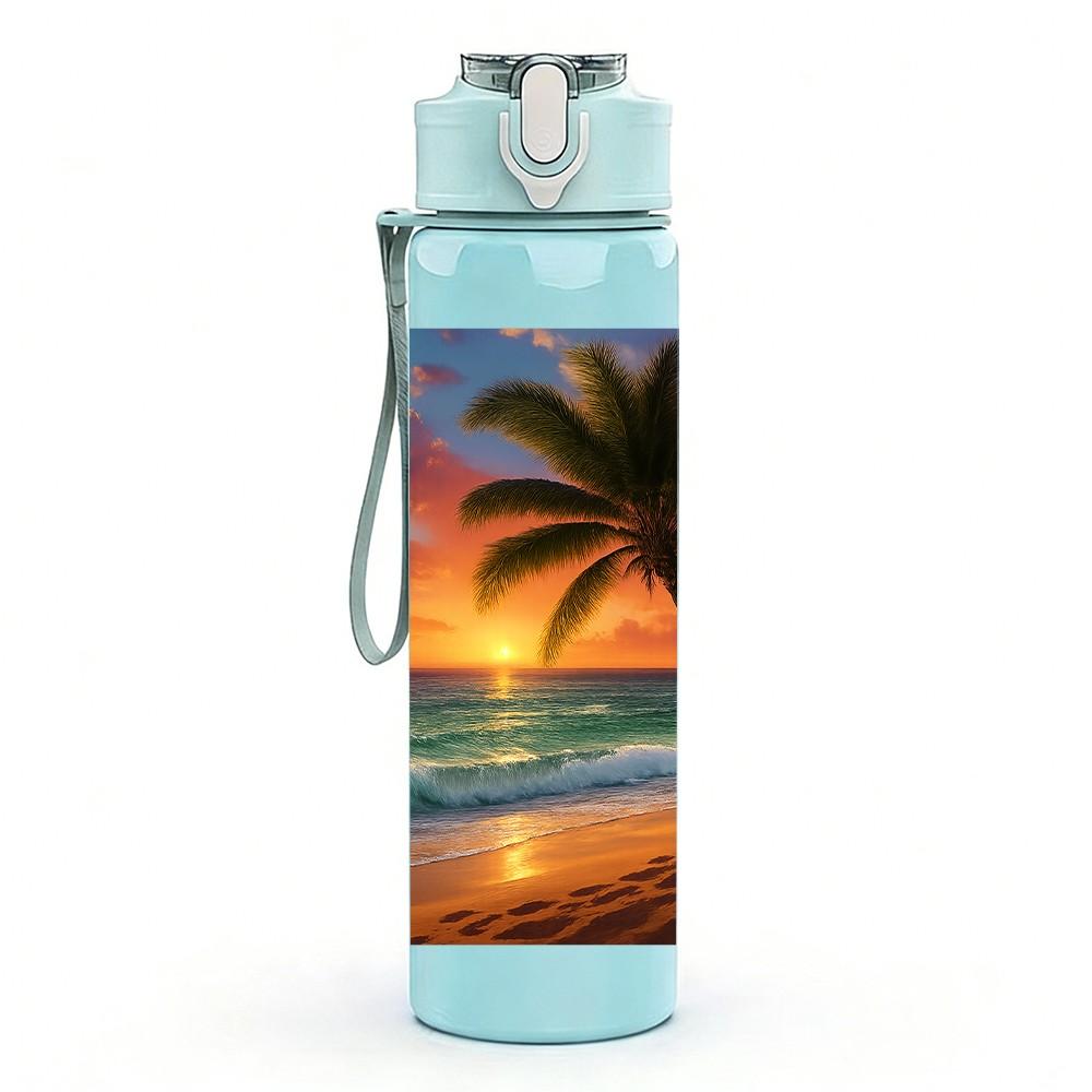 1PC Palm Tree Beach Sunset Ocean 750ml Color Plastic Sports Water Bottle Leakproof Flip Straw Lid Suitable for Sports Office Home Use