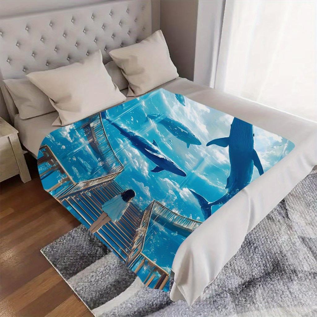 1pc Whale & Girl Throw Blanket - Soft Flannel All-Season Lightweight Bedspread, for Home, Travel, Camping, Office - Modern Marin