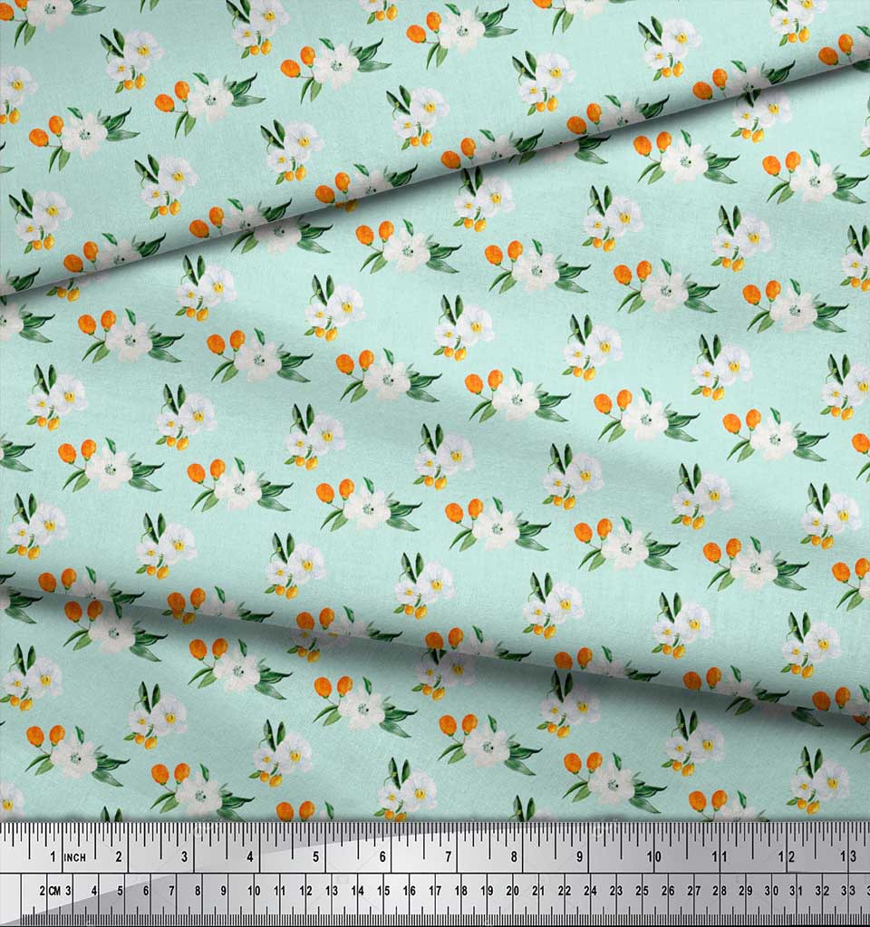 Soimoi Green Japan Crepe Satin Fabric Leaves & Anemone Floral Print Fabric by the metre 42 Inch