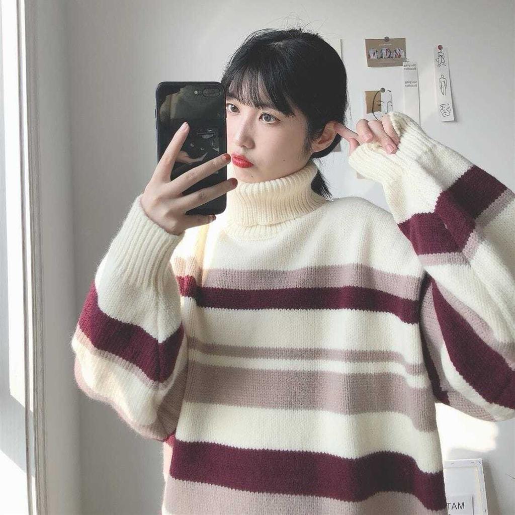 Autumn Winter High Collar Women's Sweater New Loose Pullover Sweaters Warm Stripe Vintage Sweater