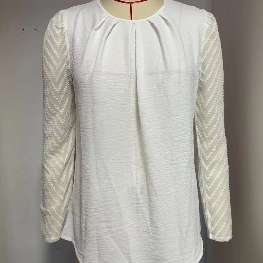 Женская осенняя плиссированная шифоновая блузка с круглым вырезом, модные перспективные топы с длинными рукавами