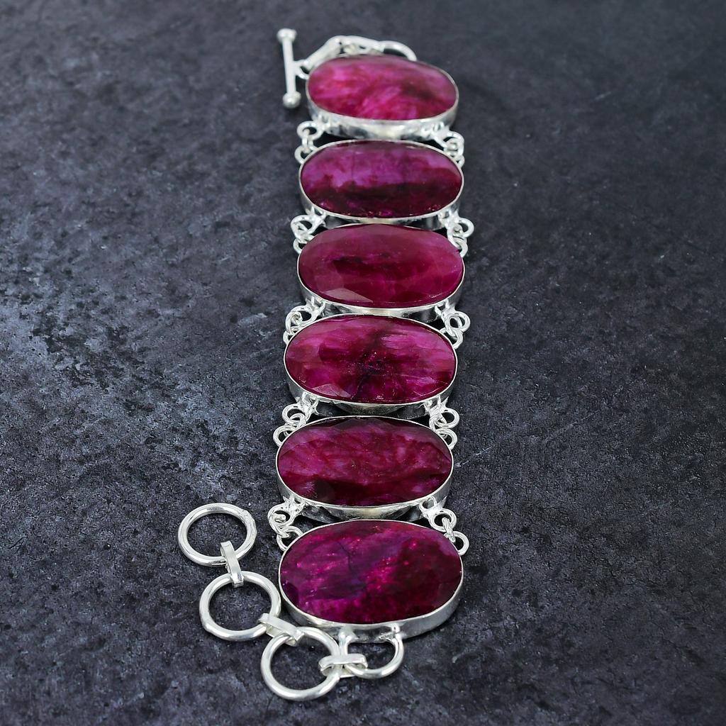 Kashmir Ruby NaturalGemstone 925 Sterling Silver Bracelet 7-8 W8f17