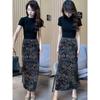 Elegant Retro Floral High-Waisted Midi Skirt for Women - 2025 Spring Bodycon Slit Design