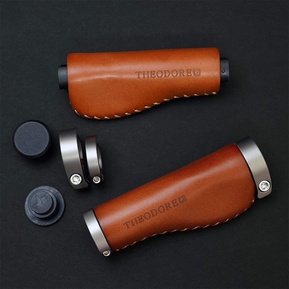 THEODORE CYCLE GRIP Bicycle Italian Genuine Leather Grips, (128 Brown)