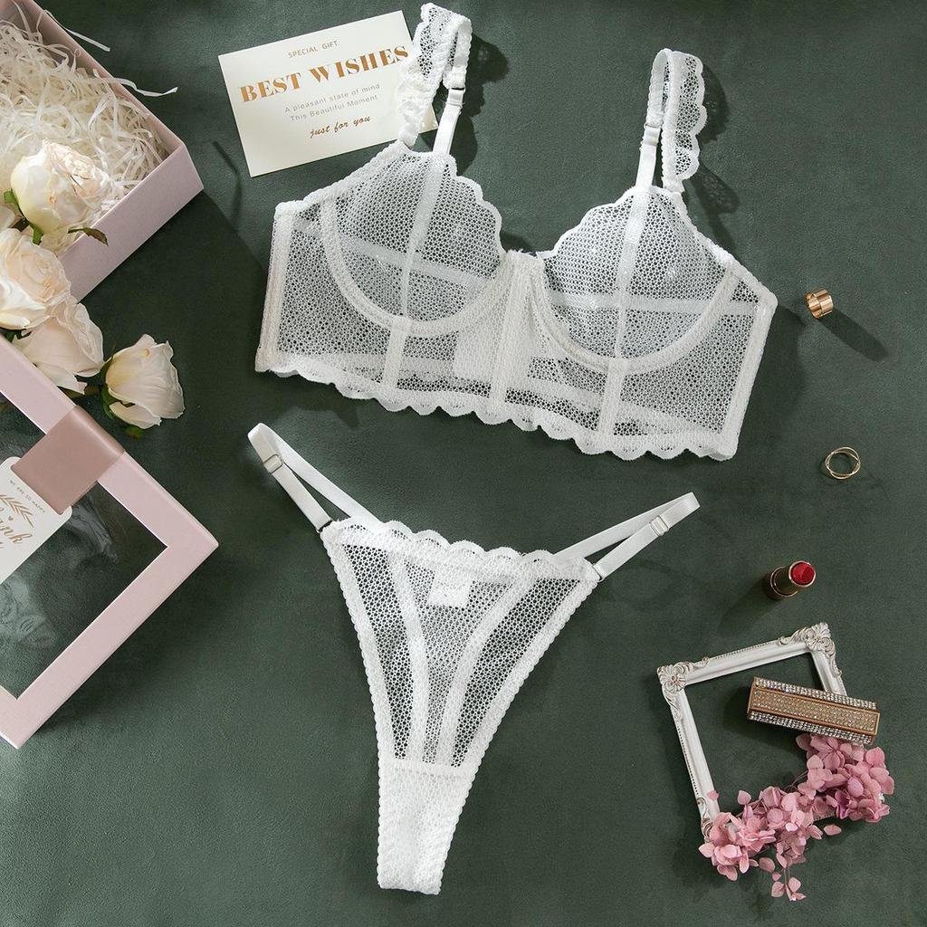 Европейский и американский сексуальный сет из кроп-топа из сетки «рыбья кость» и кружевного бюстгальтера-стрингов – Удобный, эластичный, просвечивающий, формирующий