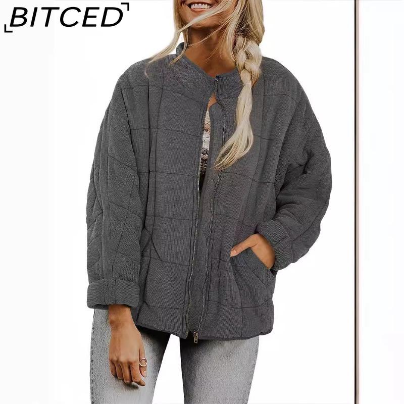 BITCED Solid Colour Stand Collar Cotton Coat - Women's Loose Fit Long Sleeve Pocket Jacket