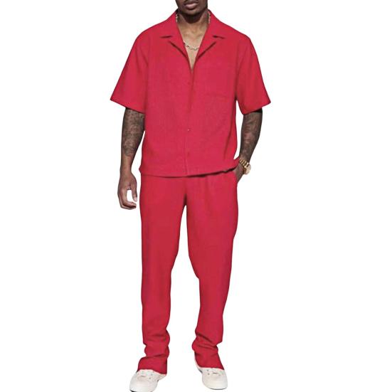 Комплект мужской одежды из 2 предметов: рубашка с лацканами, короткими рукавами и однобортной застежкой, брюки с эластичной талией, длинные, однотонные, свободного кроя, повседневный наряд