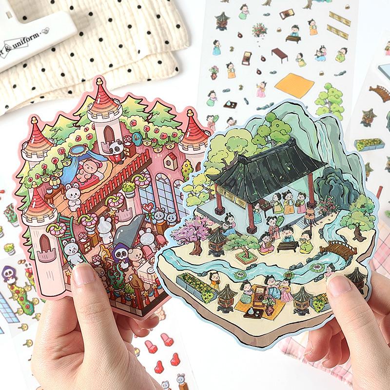 8pcs Stickers+4pcs Scene fun 3D stereoscopic scene stickers Creativity Decorative Hand Account Scrapbooking Stationery