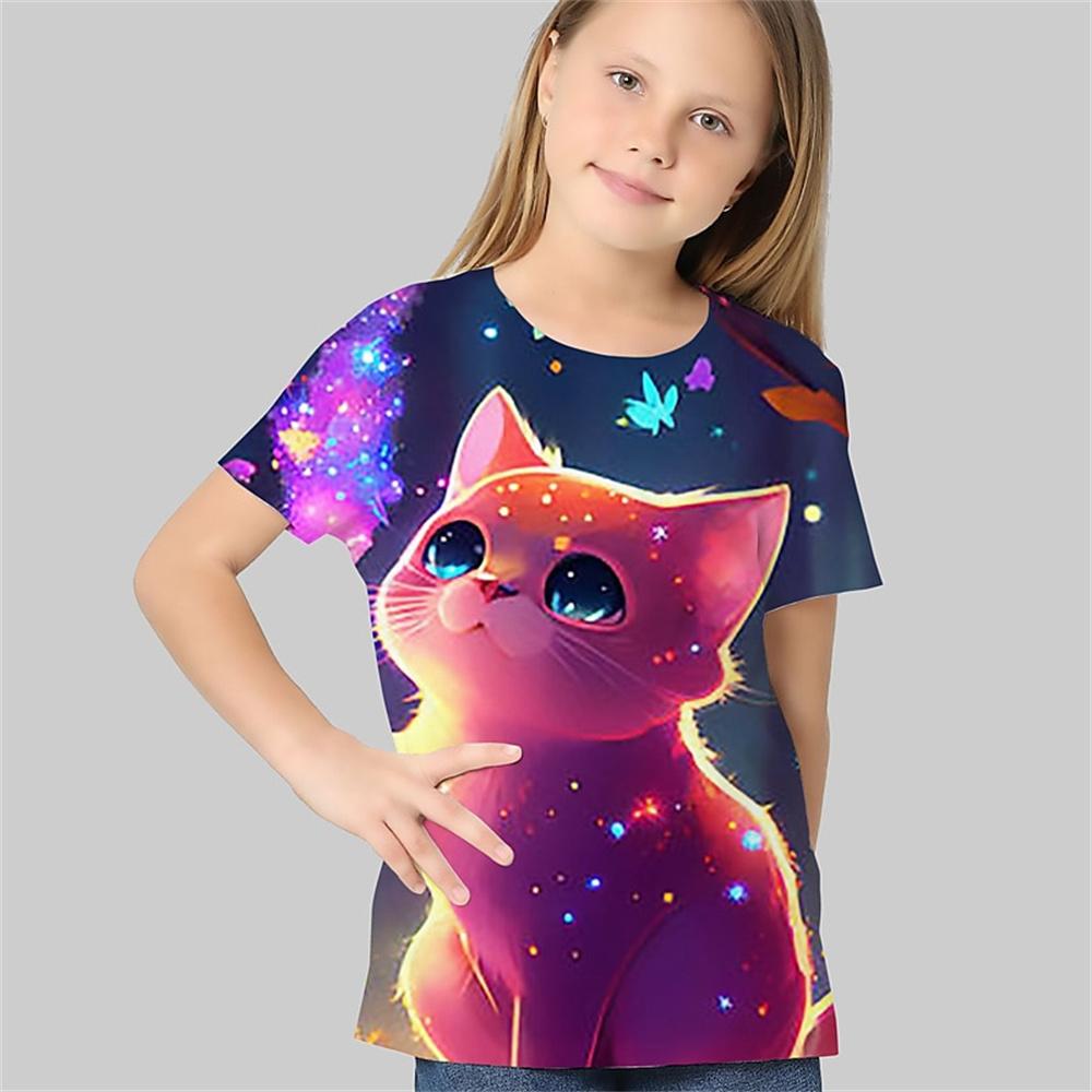 Летний топ с круглым вырезом и принтом в виде 3D-кота, модные и повседневные детские футболки с короткими рукавами для девочек