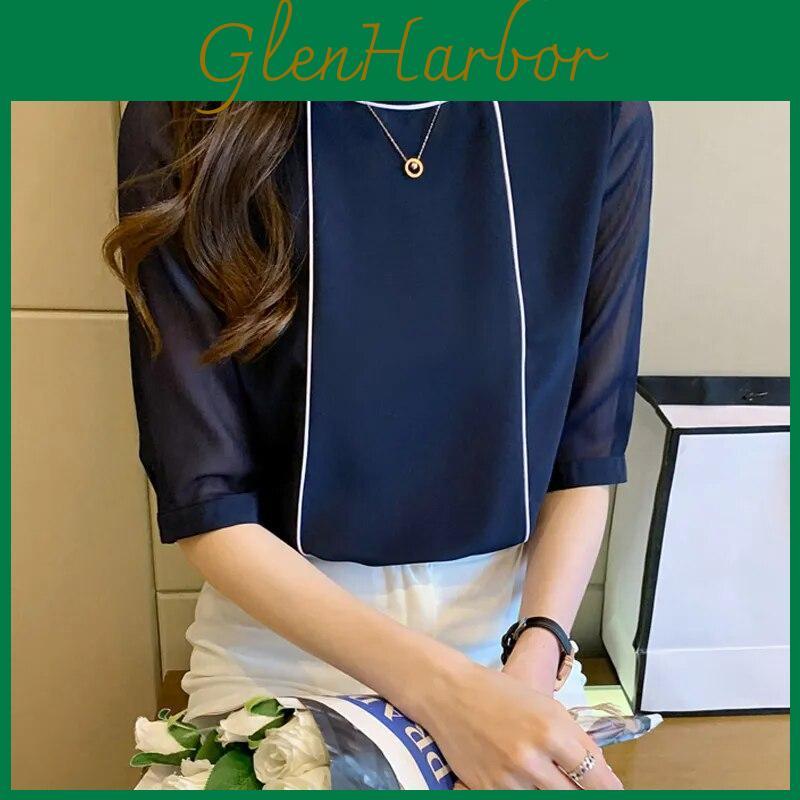 Blouse Oneck Summer Women Navy Blue Chiffon Shirt Office Lady Fashion Short Sleeve Clothes Blusas Mujer De Moda 2023 Tops 19625