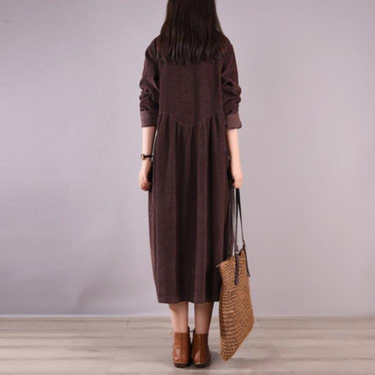 2025 Весна/Осень Ретро Вельветовое Свободное Платье с Длинным Рукавом Однотонное