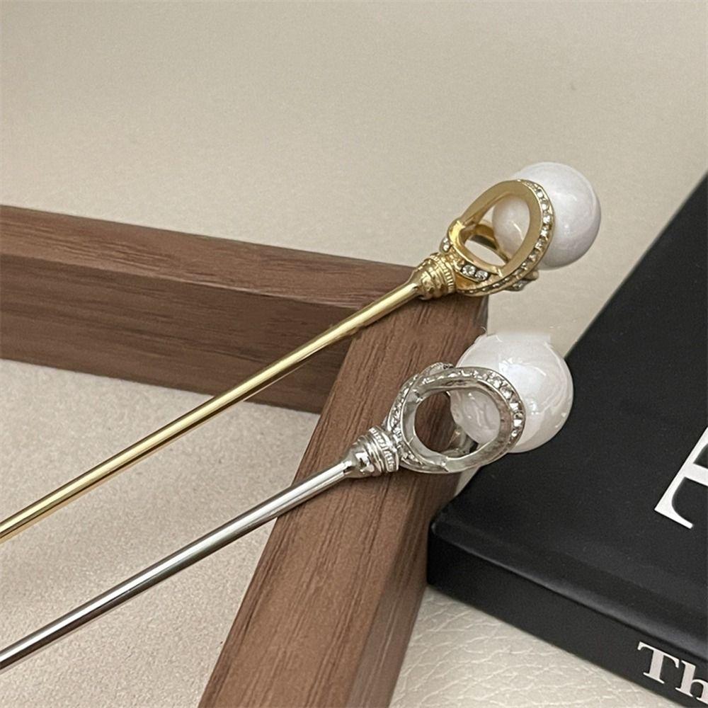 Silver Rhinestone Hair Stick Metal Pearl Hairpin Classical   Hairstyle Design Tool