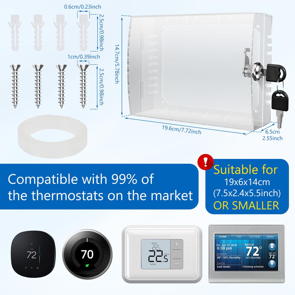 Universal Thermostat Lock Box with Key Lock Clear Large Wall Mount Thermostat Cover Guard Easy to Instal for Home Office