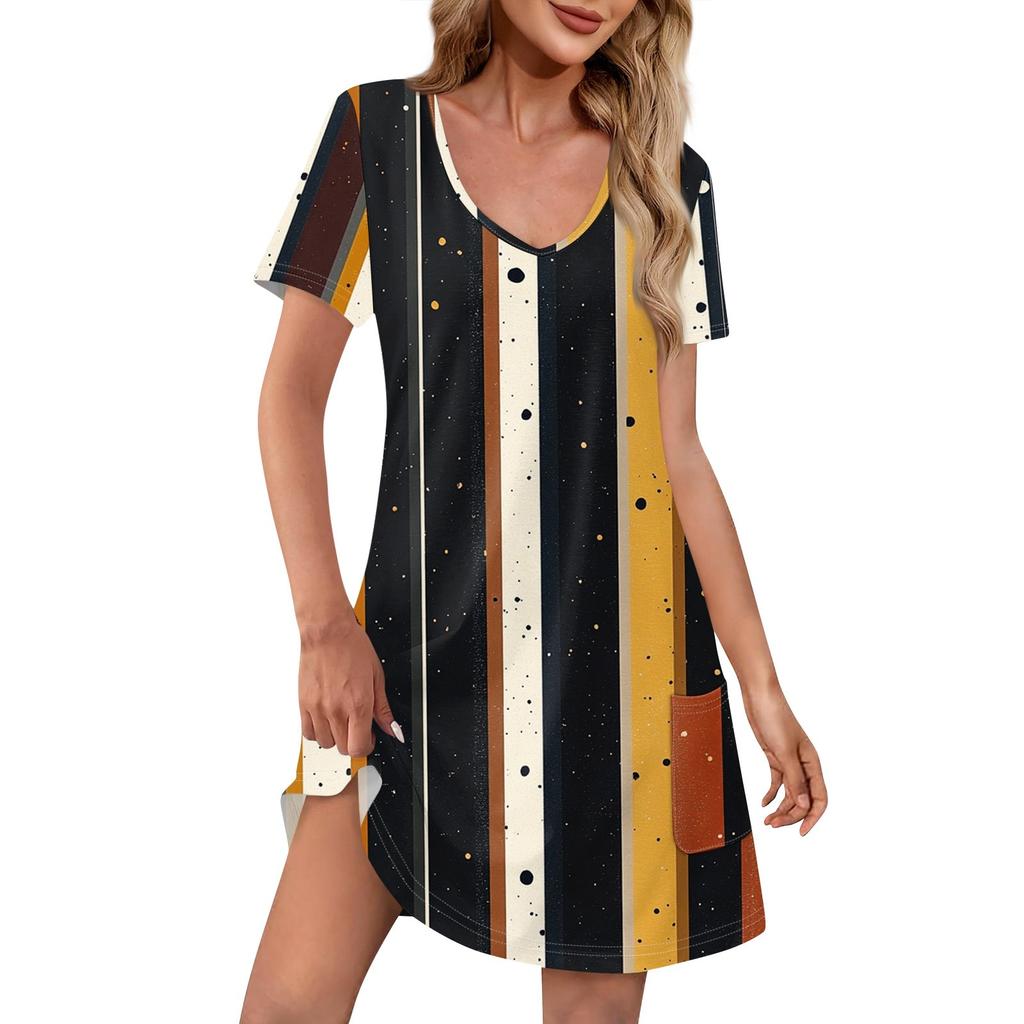Women's Fashion Casual Printed With Pockets Bohemian Beach V-Neck Short Sleeve Dresses