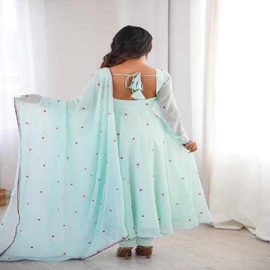 Sea Embroidered Anarkali Suit Set with Floral Neckline & Dupatta