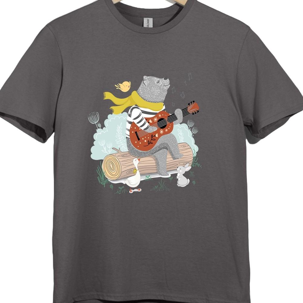 Rock Bear Guitar T Shirt Cartoon Animal Funny Band Concert Music Tee