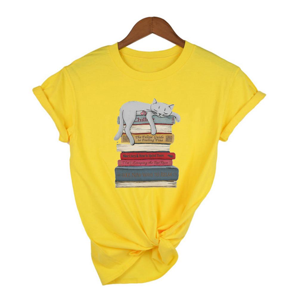 Женские футболки с принтом "Спящий кот и книга" Harajuku Летние с коротким рукавом Streetwear Tumblr Женские