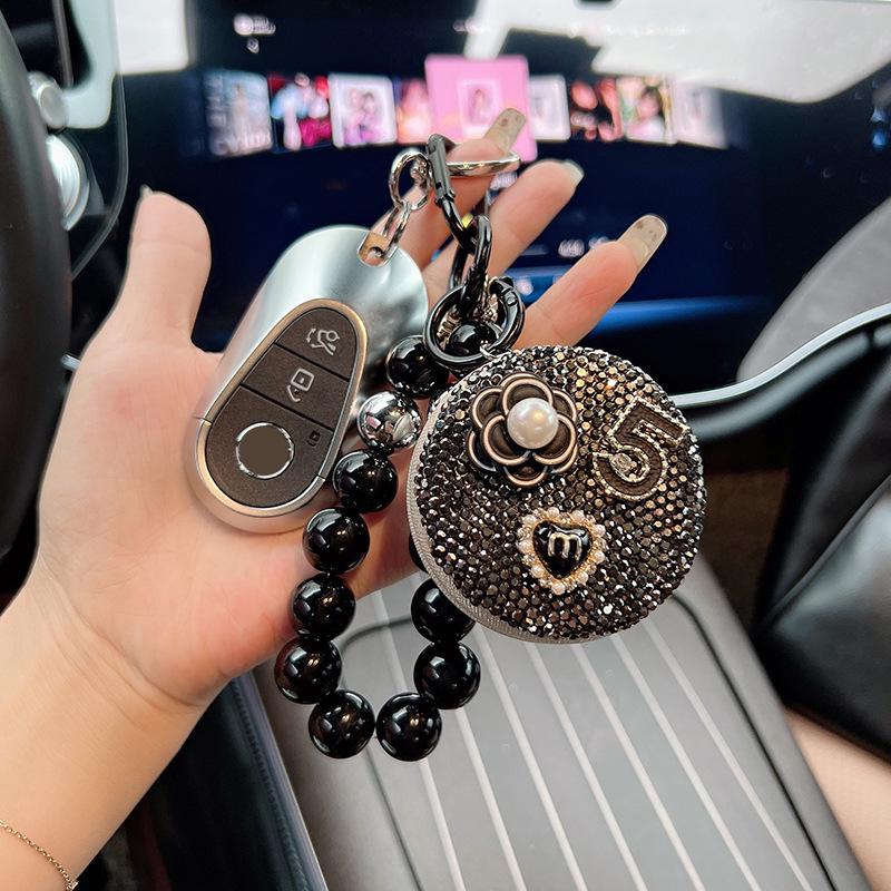 Корейский брелок-зеркало для макияжа «Камелия», украшенное бриллиантами, с ниткой бусин