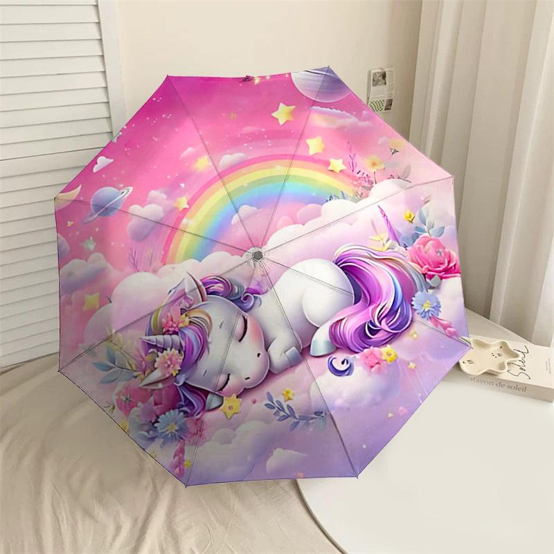 1PC Unicorn Rainbow Umbrella-8-Rib Reinforced Portable Folding Travel Suitable for All Seasons Outdoor Daily Use -J0361