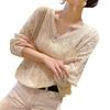 Spring and Summer Elegant Explosive Batman Top Women's Loose V-neck Crochet Hollow Long-sleeved Knitted Blouse Thin
