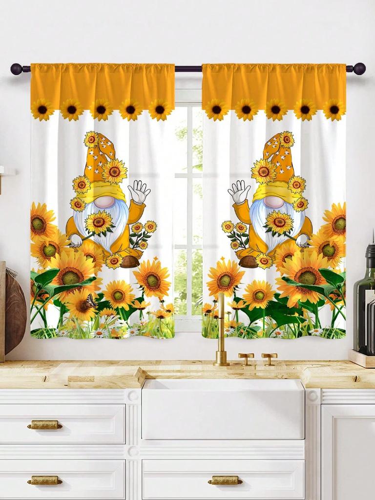 2 шт. Новые современные свежие клетчатые подсолнухи с цифровой печатью для украшения дома, короткие занавески для окна кухни с карманом на штанге