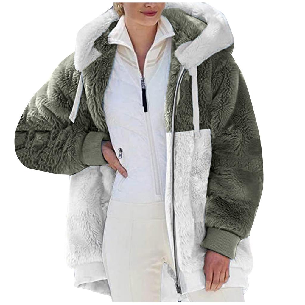 Women's Fashion Plush Zipper Long Sleeve Stitching Warm Sweater Tops Coat Winter