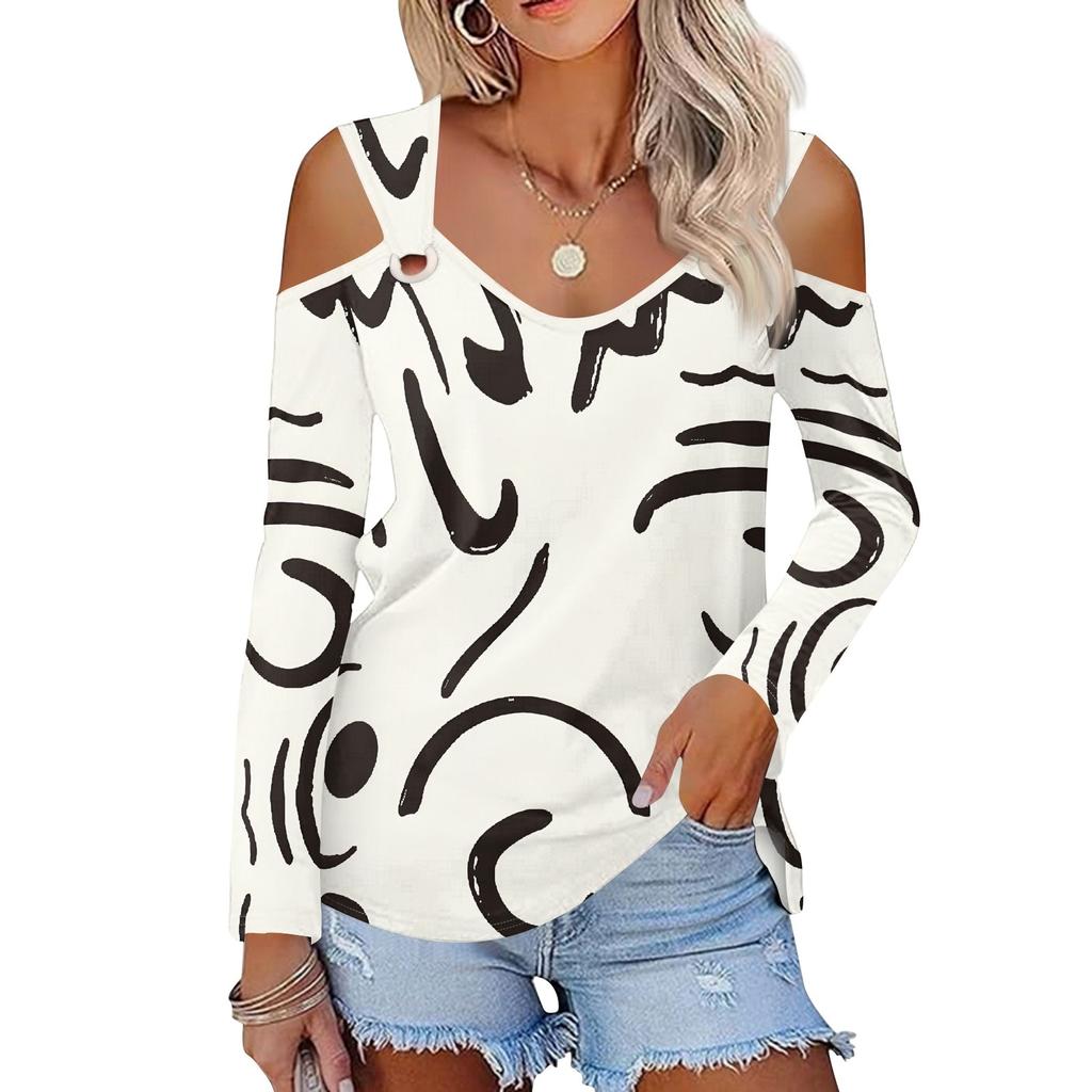 Women's Casual Shirt Blouse Print V-neck Sexy Cold Shoulder Long Sleeve Top