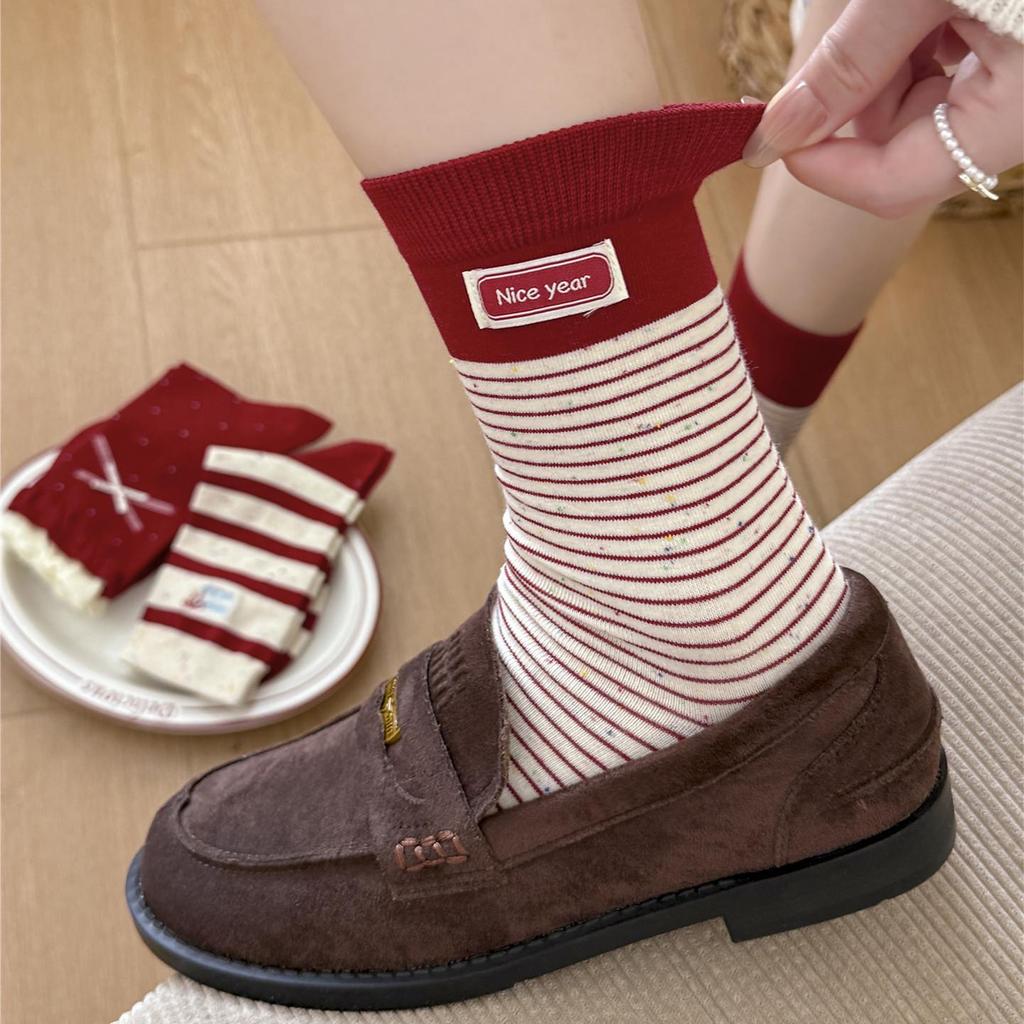 Женские большие красные рождественские носки: Год Лошади, Милый бант в горошек, Кружевная ткань, Полосатый дизайн до середины икры