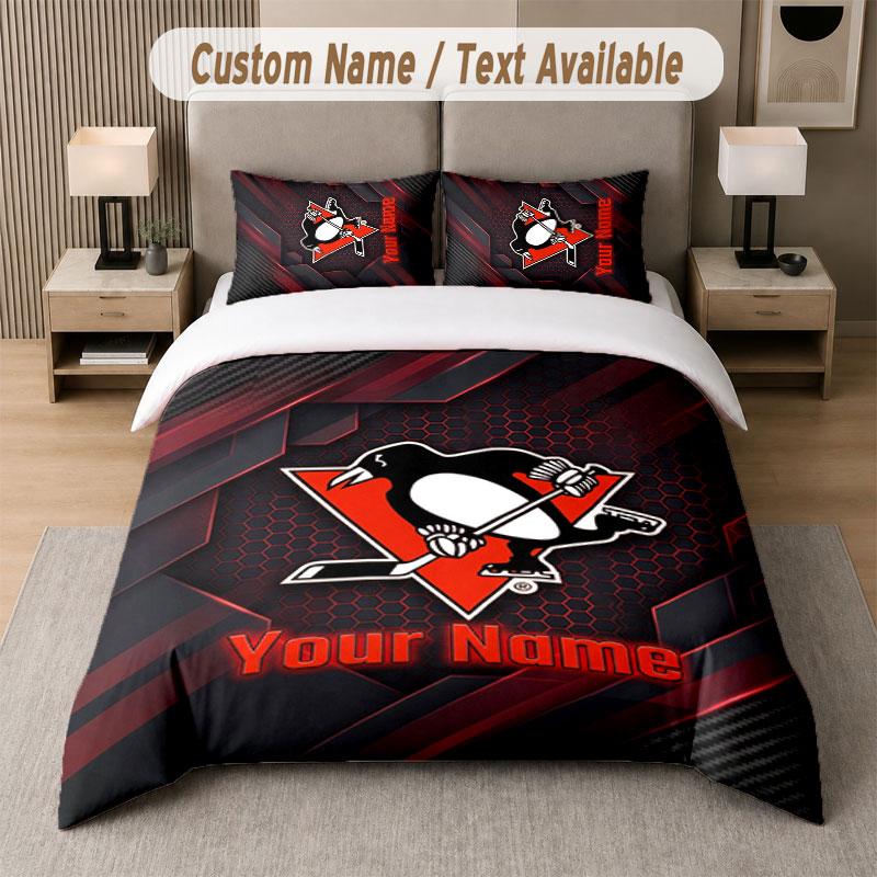 Custom Bedding Set Pittsburgh Penguins Pattern, Print Name Text 1 Duvet Cover plus 2 Pillowcases Home Textile
