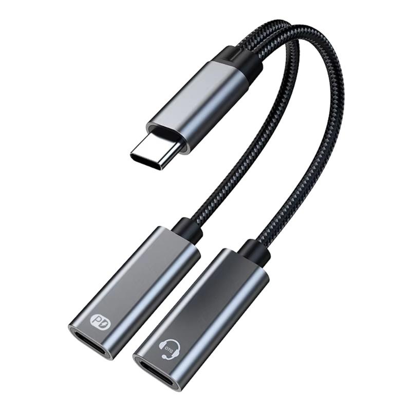 USB C разветвитель 1 в 2 выхода Двойной USB C Адаптер для зарядки наушников Type C Звуковой адаптер PD60W Кабель для быстрой зарядки
