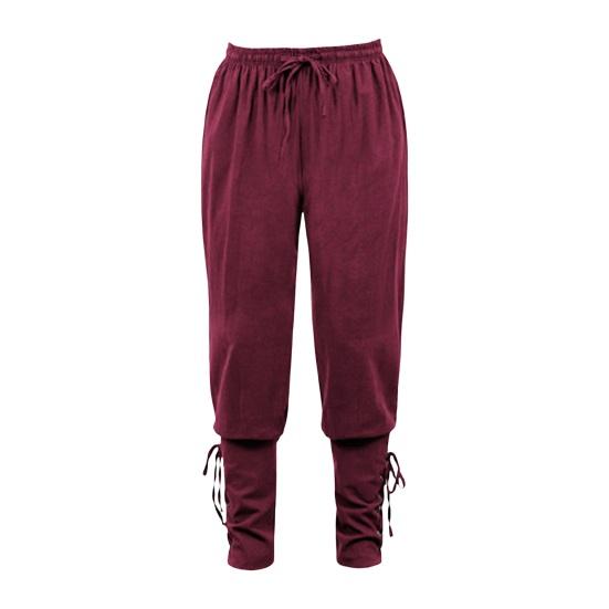 Men Pants Medieval Vikings Pirate Ankle-banded Strap Elastic Loose Waist Pleated Lace-up Solid Color Cropped Trousers Cosplay Performance Costume